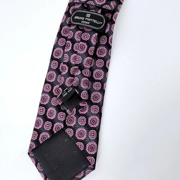 Bruno Piattelli Roma Tie Men 60" Black Purple Silk Geometric Medallion Hand Made - Picture 2 of 5